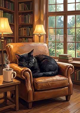 Cat Nap in Cozy Library