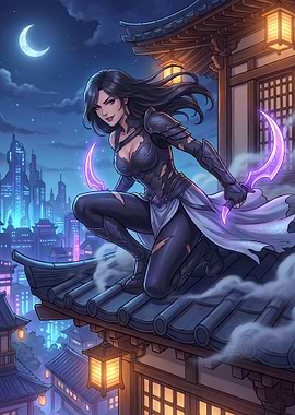 Rooftop Assassin with Glowing Blades