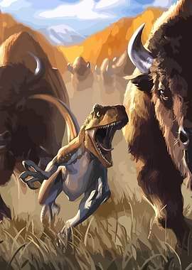 Dinosaur Raptor Running with Buffalo Herd