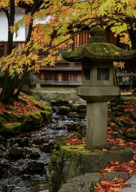 Japanese Garden Stone Lantern Autumn Leaves