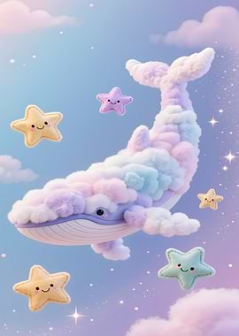 Cloud Whale with Smiling Stars