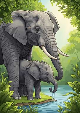 Elephant and Calf by the Water