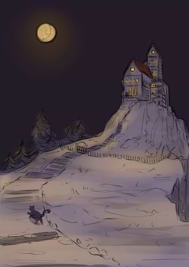 Nighttime Mansion on Hill with Cat