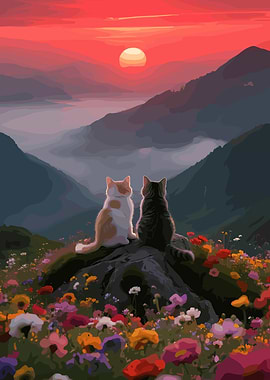 Cats watching sunset in mountains