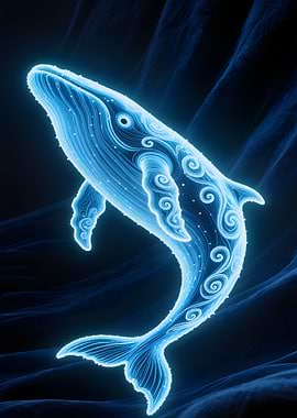 Glowing Blue Whale in Dark Ocean