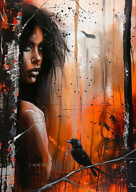 Woman, Bird, and Forest Abstract Painting