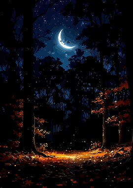 Night Forest with Crescent Moon