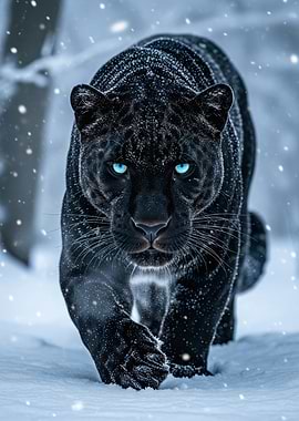 Black Panther in Snow with Blue Eyes