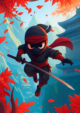 Cartoon Ninja with Katana in Japan