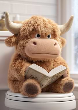 Stuffed Highland Cow Reading on Toilet