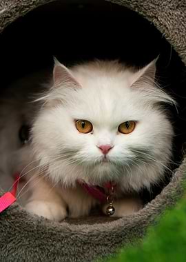 Fluffy White Cat in Cozy Cave