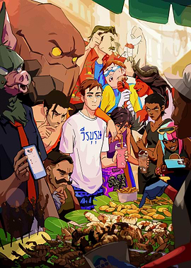 Crowded Street Food Market Illustration