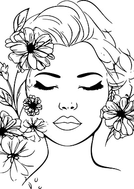 Woman with Flowers Line Art