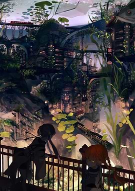 Overgrown Cityscape with Two Figures