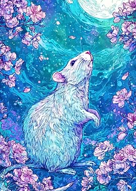 Rat with Cherry Blossoms and Moon