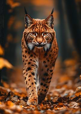 Lynx Walking Through Autumn Leaves