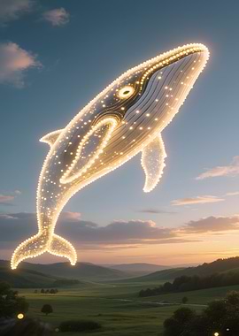 Glowing Whale Over Green Landscape