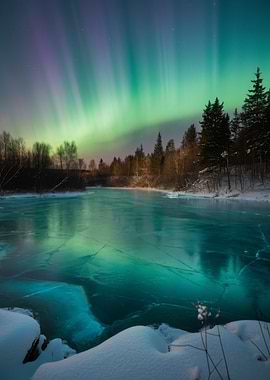Aurora Borealis over Frozen Lake