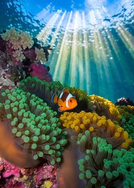 Clownfish in Anemone with Sun Rays