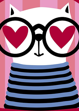 Cute Fashion Cat in Glasses with Heart Shape Eyes