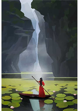 Woman in Boat by Waterfall