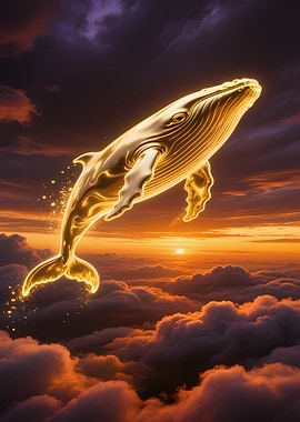 Golden Whale Flying Above Clouds