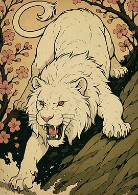 White Lion with Cherry Blossoms Art