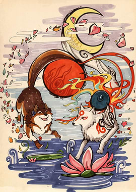 Okami Amaterasu and Chibiterasu Illustration