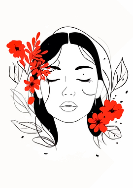 Woman with Red Flowers Line Art