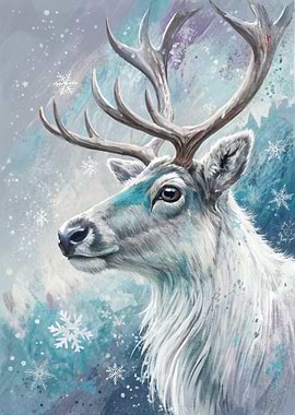 Winter Reindeer Portrait with Snowflakes