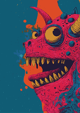 Cartoon Monster with Horns and Teeth