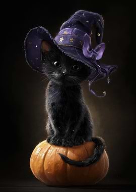 Black Cat Witch on Pumpkin