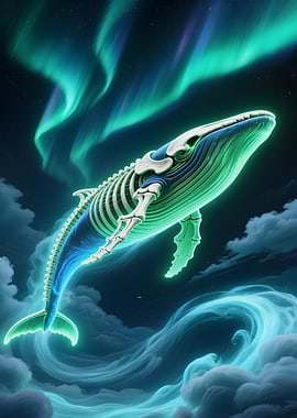 Skeletal Whale Under Aurora Borealis