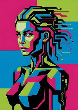 Neon Fusion Cybernetic Portrait in Vibrant Geometric Style Cyberpunk Digital Art