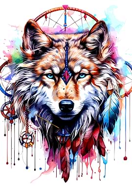 Watercolor Wolf with Dreamcatcher