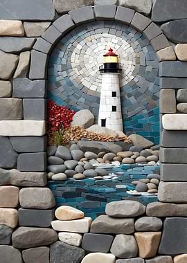 Lighthouse mosaic in stone archway