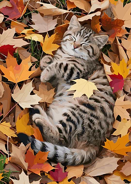 Sleeping Kitten in Autumn Leaves
