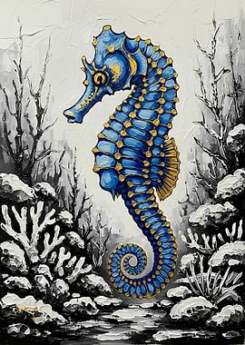 Blue and Gold Seahorse Painting