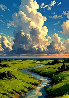 Lush Green Landscape with River and Clouds