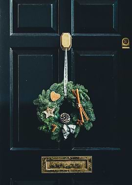 Christmas Wreath on Dark Blue Door