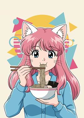 Retro Anime Cat Girl Eating Ramen