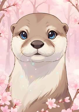 Cute Otter with Cherry Blossoms
