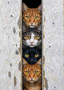 Four Cats Peeking Through Door