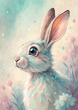 Pastel Watercolor Bunny with Flowers