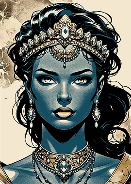Blue-skinned woman with crown and jewelry