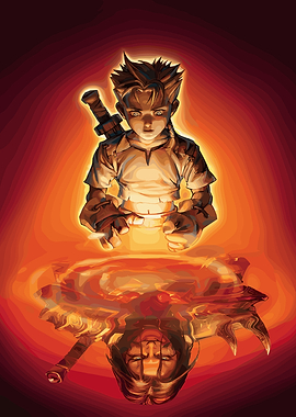 Boy and Reflection in Fiery Light