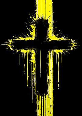 Grunge Yellow Cross on Black Background