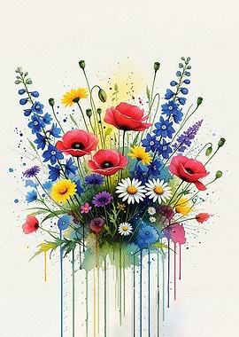 Watercolor Floral Bouquet with Dripping Paint