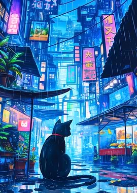 Black Cat in Rainy Cityscape