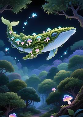 Whale with Mushrooms in Enchanted Forest